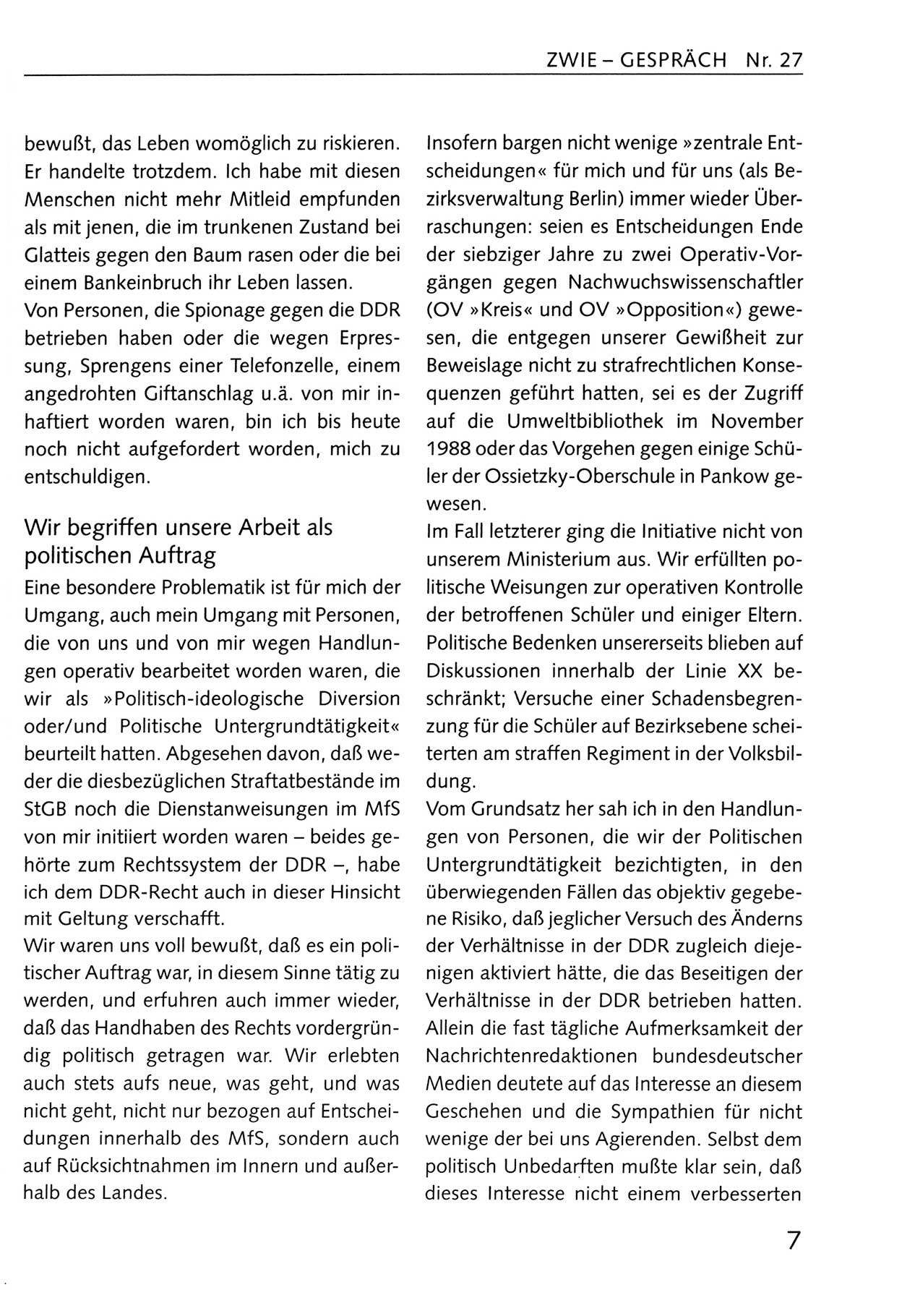 Zwie-Gespräch, Beiträge zum Umgang mit der Staatssicherheits-Vergangenheit [Deutsche Demokratische Republik (DDR)], Ausgabe Nr. 27, Berlin 1995, Seite 7 (Zwie-Gespr. Ausg. 27 1995, S. 7)