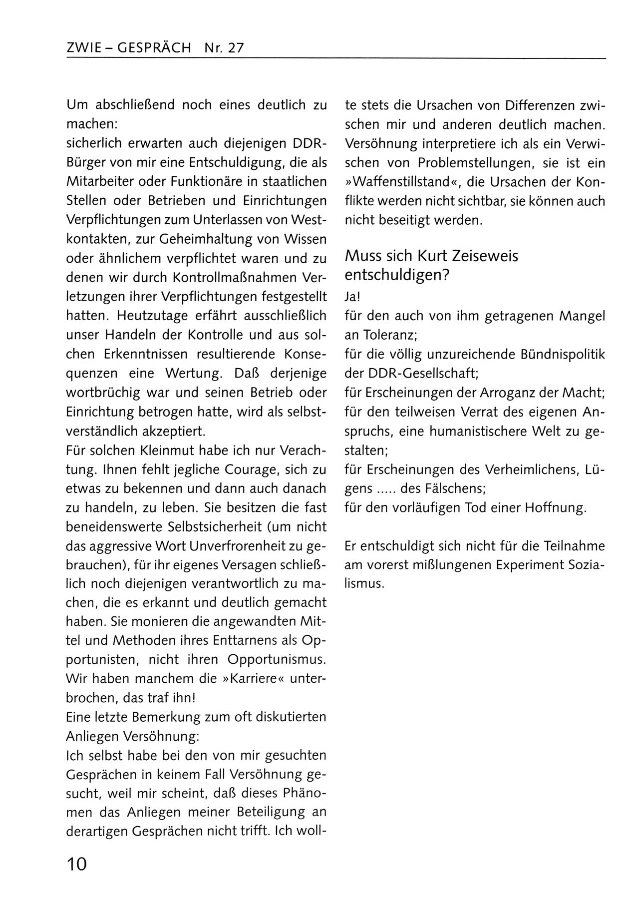 Zwie-Gespräch, Beiträge zum Umgang mit der Staatssicherheits-Vergangenheit [Deutsche Demokratische Republik (DDR)], Ausgabe Nr. 27, Berlin 1995, Seite 10 (Zwie-Gespr. Ausg. 27 1995, S. 10)