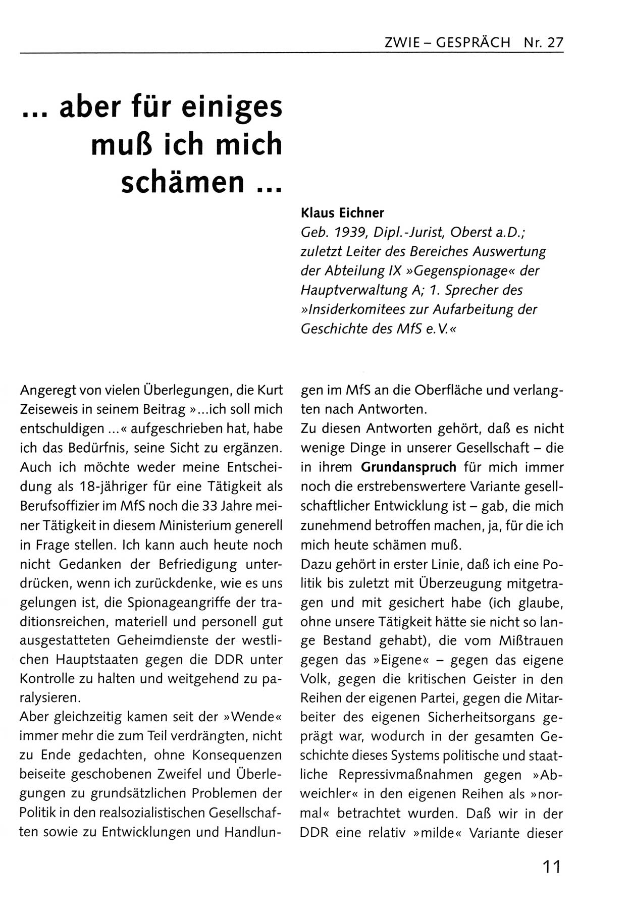 Zwie-Gespräch, Beiträge zum Umgang mit der Staatssicherheits-Vergangenheit [Deutsche Demokratische Republik (DDR)], Ausgabe Nr. 27, Berlin 1995, Seite 11 (Zwie-Gespr. Ausg. 27 1995, S. 11)