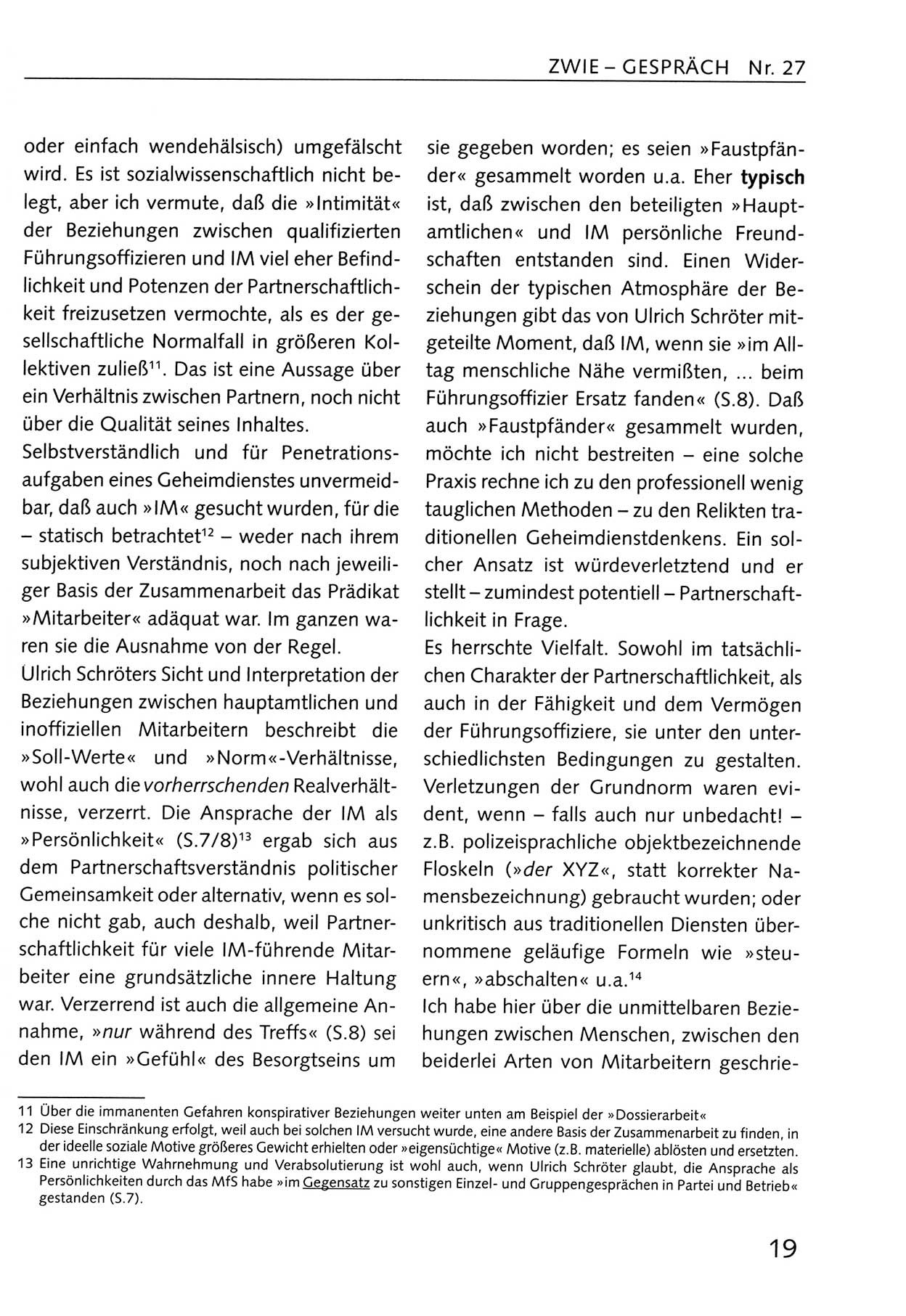 Zwie-Gespräch, Beiträge zum Umgang mit der Staatssicherheits-Vergangenheit [Deutsche Demokratische Republik (DDR)], Ausgabe Nr. 27, Berlin 1995, Seite 19 (Zwie-Gespr. Ausg. 27 1995, S. 19)