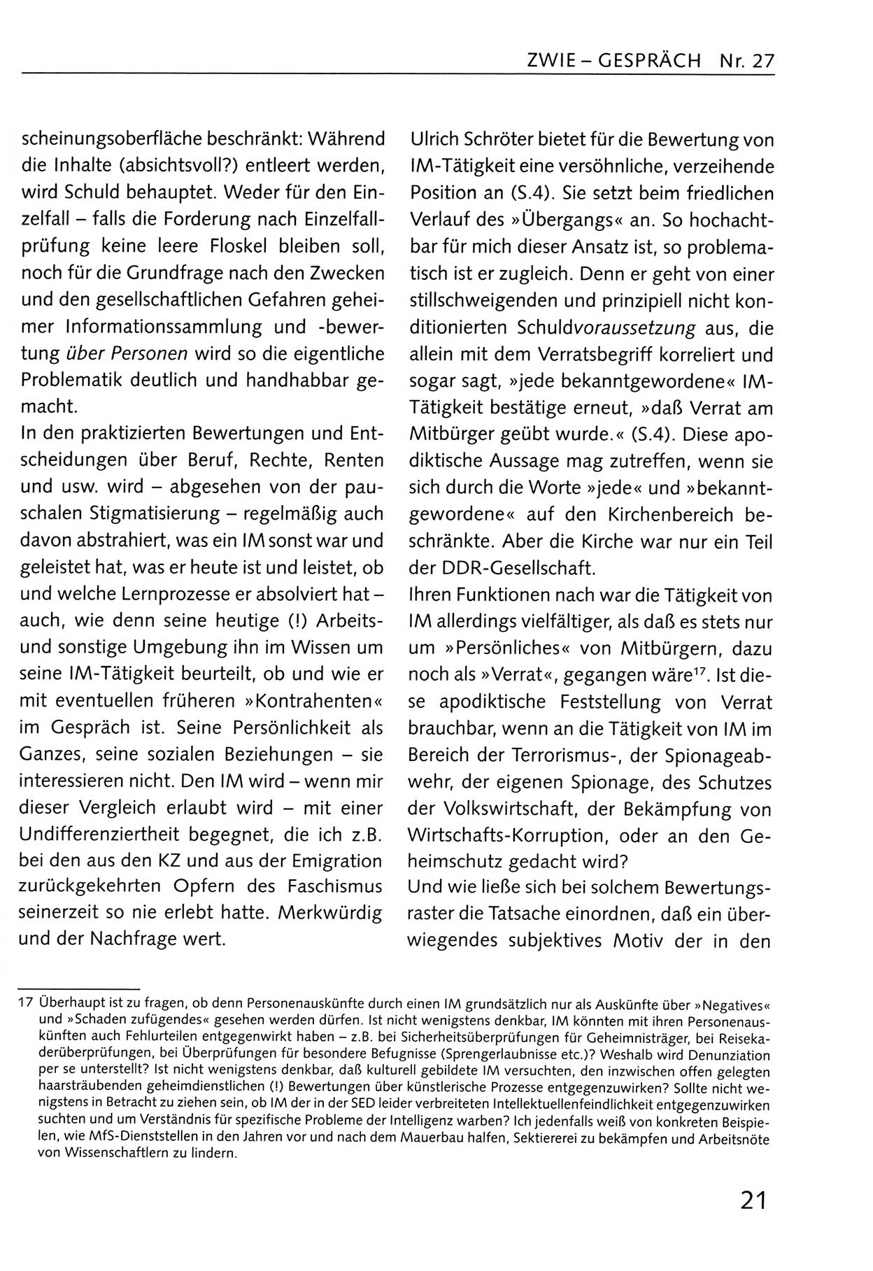 Zwie-Gespräch, Beiträge zum Umgang mit der Staatssicherheits-Vergangenheit [Deutsche Demokratische Republik (DDR)], Ausgabe Nr. 27, Berlin 1995, Seite 21 (Zwie-Gespr. Ausg. 27 1995, S. 21)