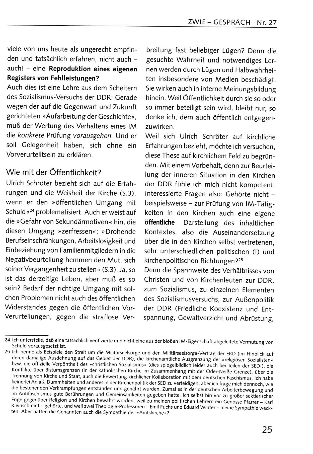 Zwie-Gespräch, Beiträge zum Umgang mit der Staatssicherheits-Vergangenheit [Deutsche Demokratische Republik (DDR)], Ausgabe Nr. 27, Berlin 1995, Seite 25 (Zwie-Gespr. Ausg. 27 1995, S. 25)