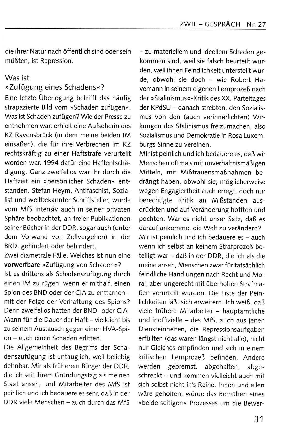 Zwie-Gespräch, Beiträge zum Umgang mit der Staatssicherheits-Vergangenheit [Deutsche Demokratische Republik (DDR)], Ausgabe Nr. 27, Berlin 1995, Seite 31 (Zwie-Gespr. Ausg. 27 1995, S. 31)