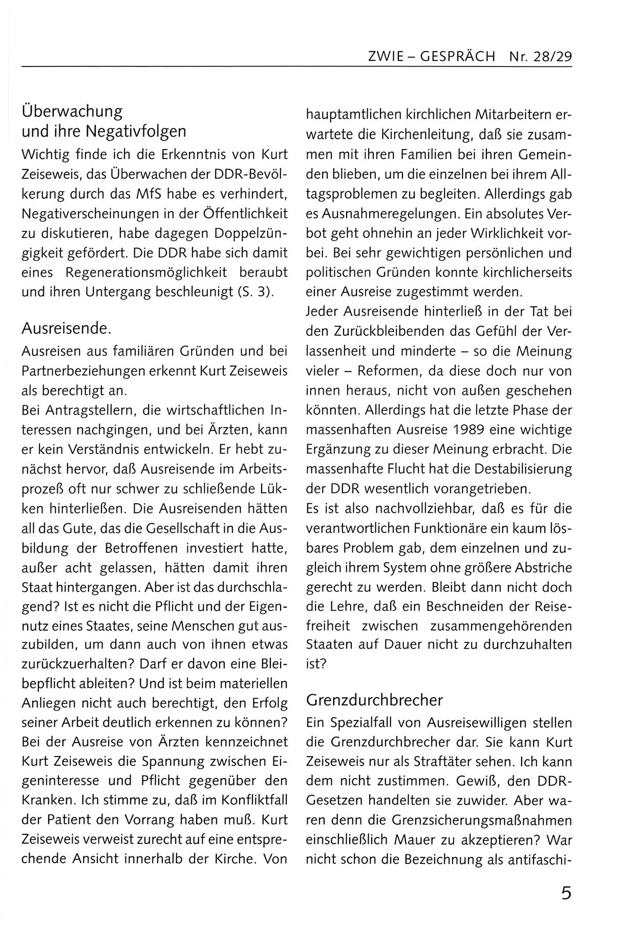 Zwie-Gespräch, Beiträge zum Umgang mit der Staatssicherheits-Vergangenheit [Deutsche Demokratische Republik (DDR)], Ausgabe Nr. 28/29, Berlin 1995, Seite 5 (Zwie-Gespr. Ausg. 28/29 1995, S. 5)