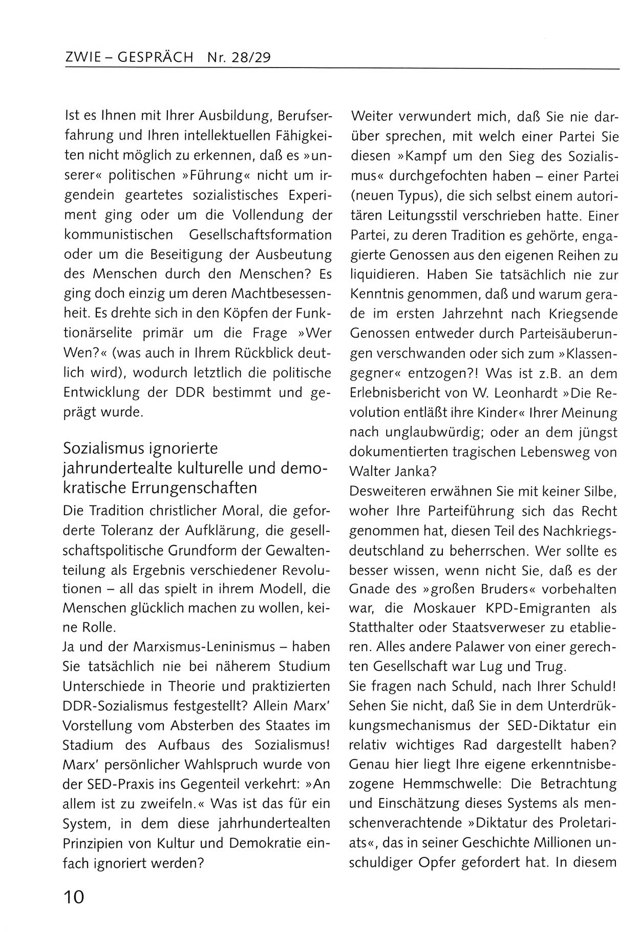 Zwie-Gespräch, Beiträge zum Umgang mit der Staatssicherheits-Vergangenheit [Deutsche Demokratische Republik (DDR)], Ausgabe Nr. 28/29, Berlin 1995, Seite 10 (Zwie-Gespr. Ausg. 28/29 1995, S. 10)