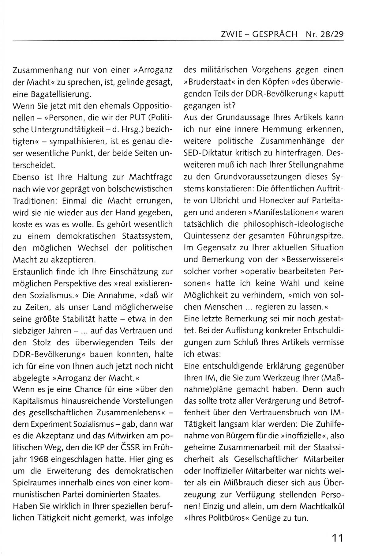 Zwie-Gespräch, Beiträge zum Umgang mit der Staatssicherheits-Vergangenheit [Deutsche Demokratische Republik (DDR)], Ausgabe Nr. 28/29, Berlin 1995, Seite 11 (Zwie-Gespr. Ausg. 28/29 1995, S. 11)