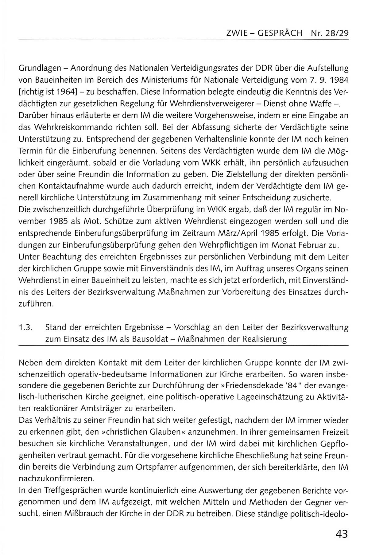 Zwie-Gespräch, Beiträge zum Umgang mit der Staatssicherheits-Vergangenheit [Deutsche Demokratische Republik (DDR)], Ausgabe Nr. 28/29, Berlin 1995, Seite 43 (Zwie-Gespr. Ausg. 28/29 1995, S. 43)