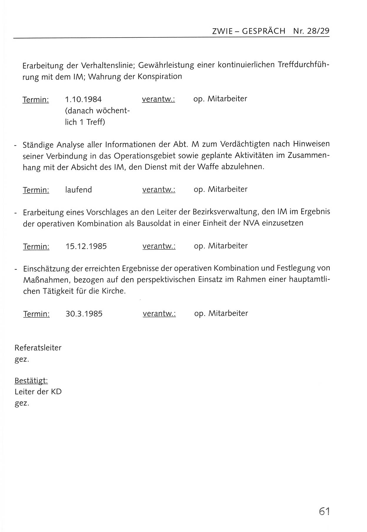 Zwie-Gespräch, Beiträge zum Umgang mit der Staatssicherheits-Vergangenheit [Deutsche Demokratische Republik (DDR)], Ausgabe Nr. 28/29, Berlin 1995, Seite 61 (Zwie-Gespr. Ausg. 28/29 1995, S. 61)