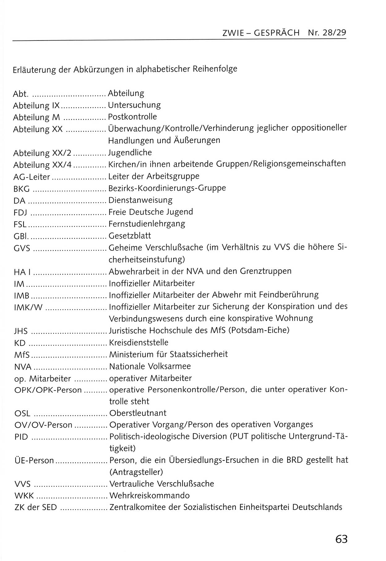 Zwie-Gespräch, Beiträge zum Umgang mit der Staatssicherheits-Vergangenheit [Deutsche Demokratische Republik (DDR)], Ausgabe Nr. 28/29, Berlin 1995, Seite 63 (Zwie-Gespr. Ausg. 28/29 1995, S. 63)