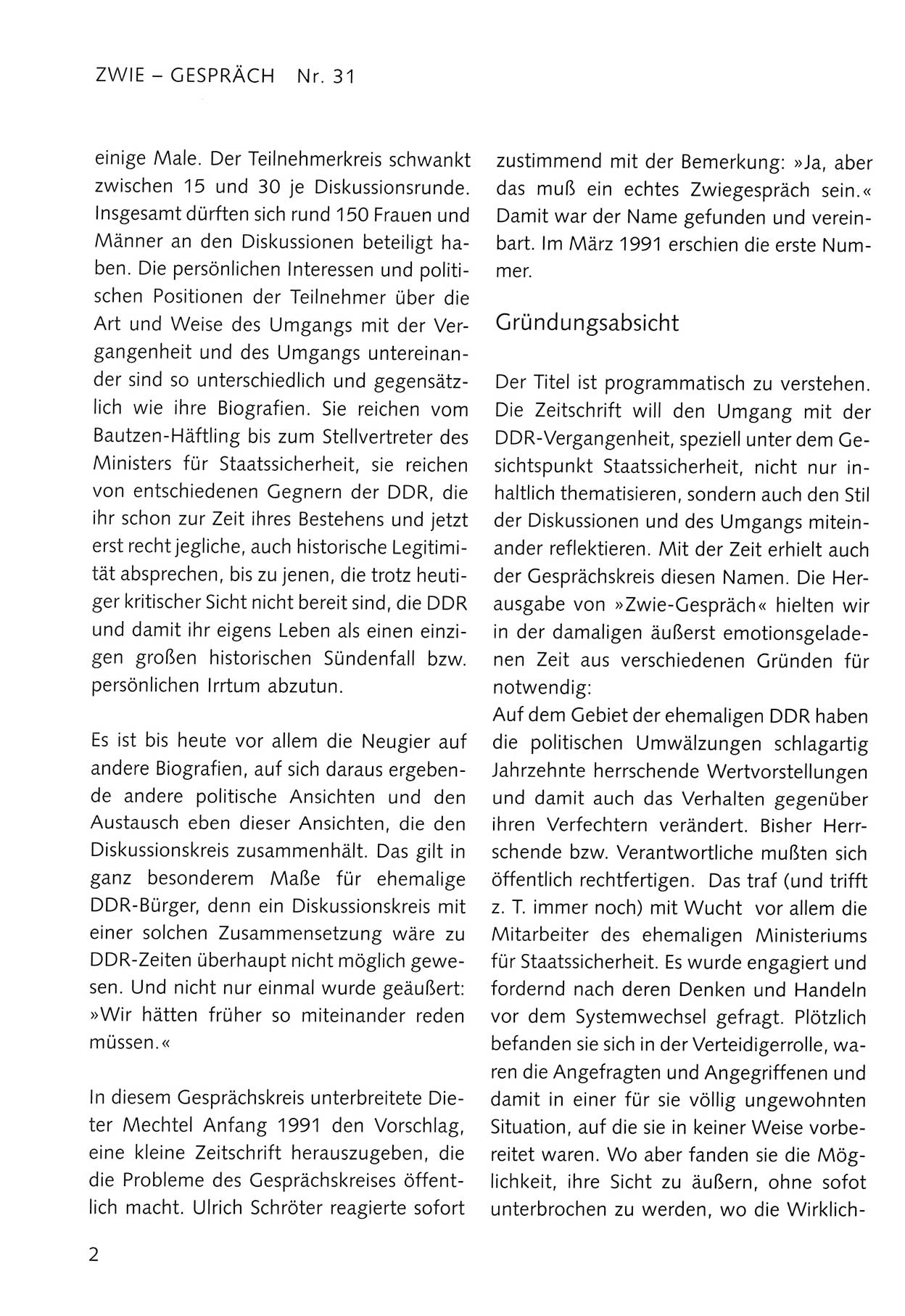 Zwie-Gespräch, Beiträge zum Umgang mit der Staatssicherheits-Vergangenheit [Deutsche Demokratische Republik (DDR)], Ausgabe Nr. 31, Berlin 1995, Seite 2 (Zwie-Gespr. Ausg. 31 1995, S. 2)