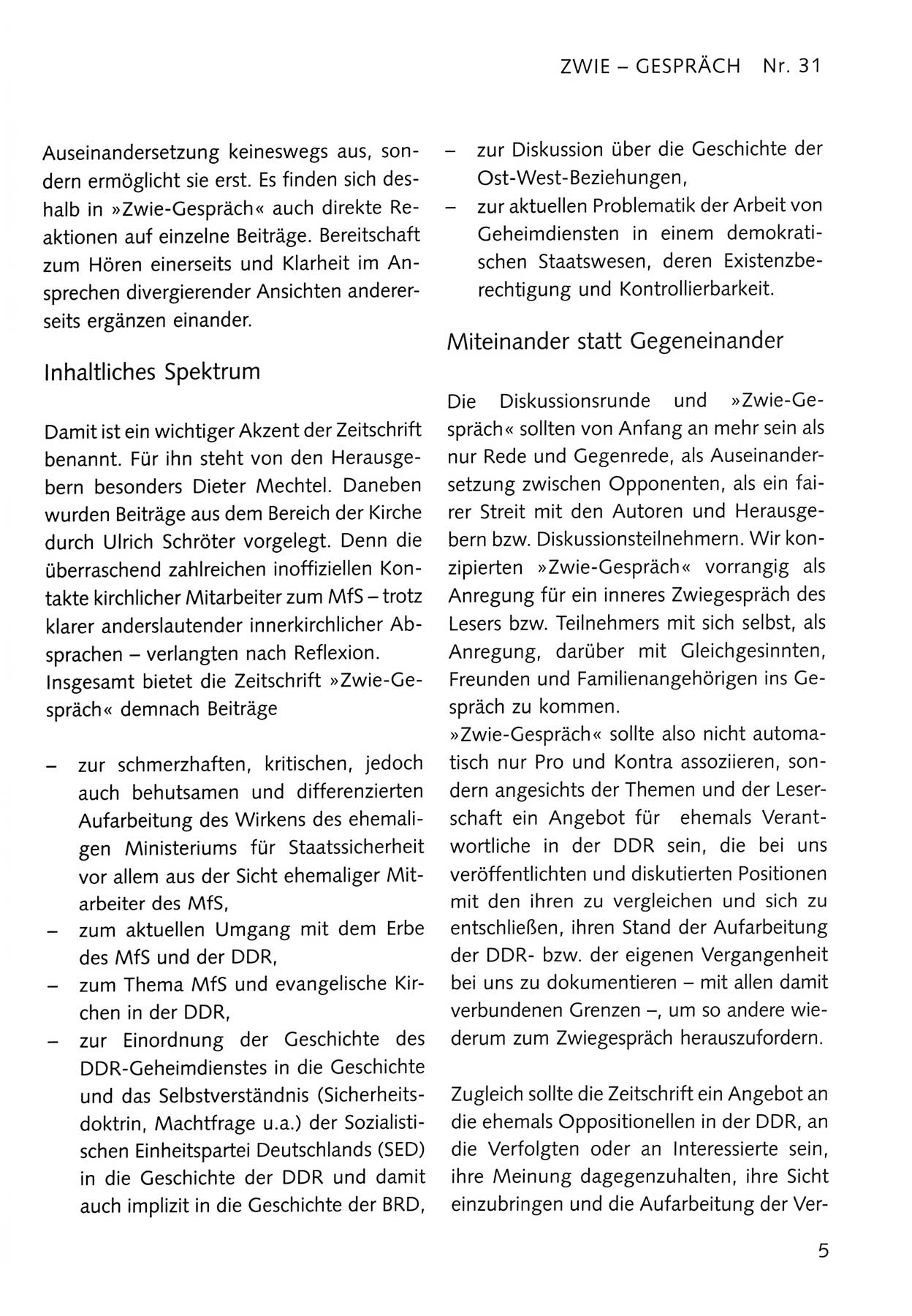 Zwie-Gespräch, Beiträge zum Umgang mit der Staatssicherheits-Vergangenheit [Deutsche Demokratische Republik (DDR)], Ausgabe Nr. 31, Berlin 1995, Seite 5 (Zwie-Gespr. Ausg. 31 1995, S. 5)