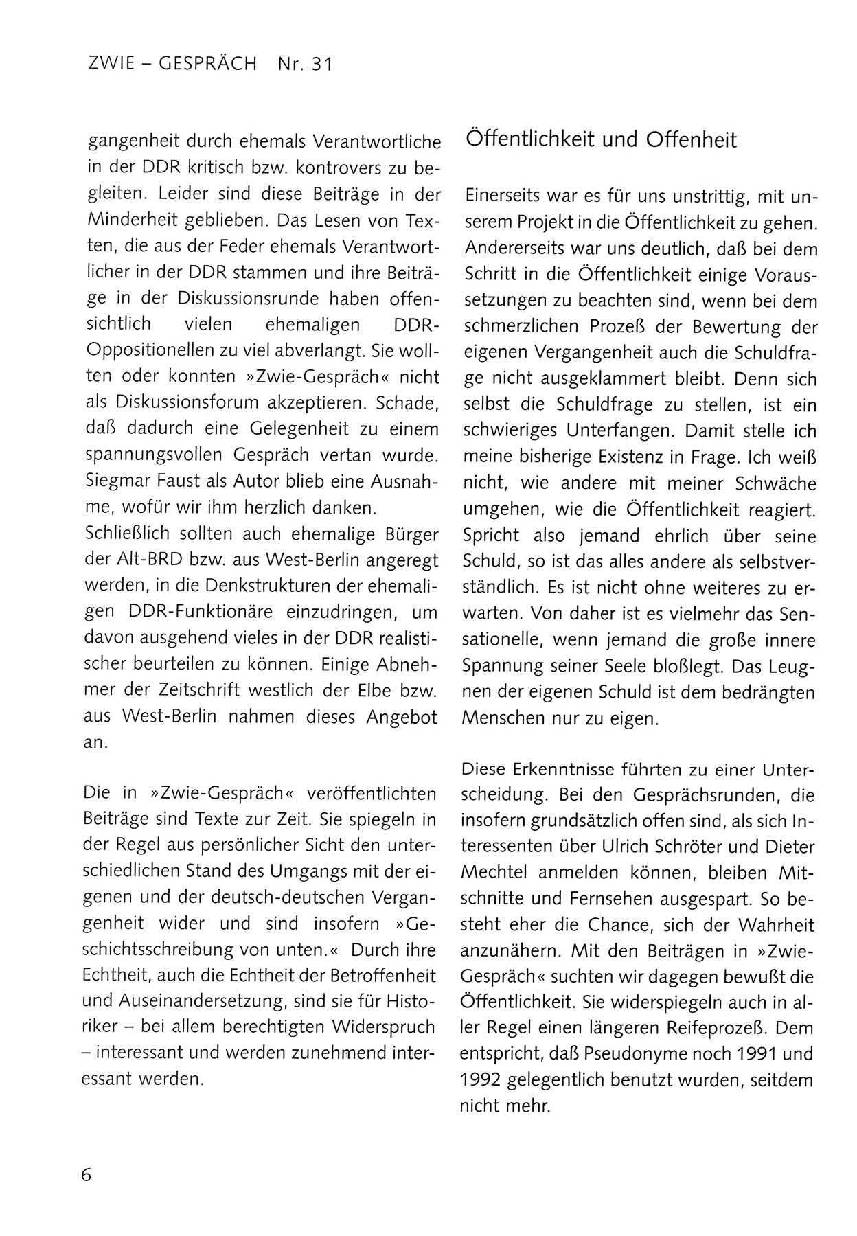 Zwie-Gespräch, Beiträge zum Umgang mit der Staatssicherheits-Vergangenheit [Deutsche Demokratische Republik (DDR)], Ausgabe Nr. 31, Berlin 1995, Seite 6 (Zwie-Gespr. Ausg. 31 1995, S. 6)