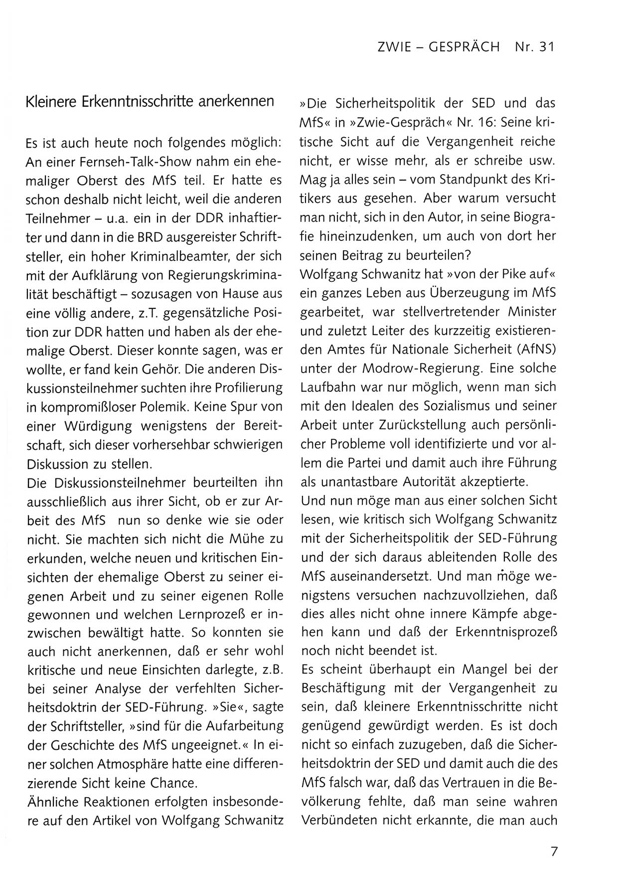 Zwie-Gespräch, Beiträge zum Umgang mit der Staatssicherheits-Vergangenheit [Deutsche Demokratische Republik (DDR)], Ausgabe Nr. 31, Berlin 1995, Seite 7 (Zwie-Gespr. Ausg. 31 1995, S. 7)