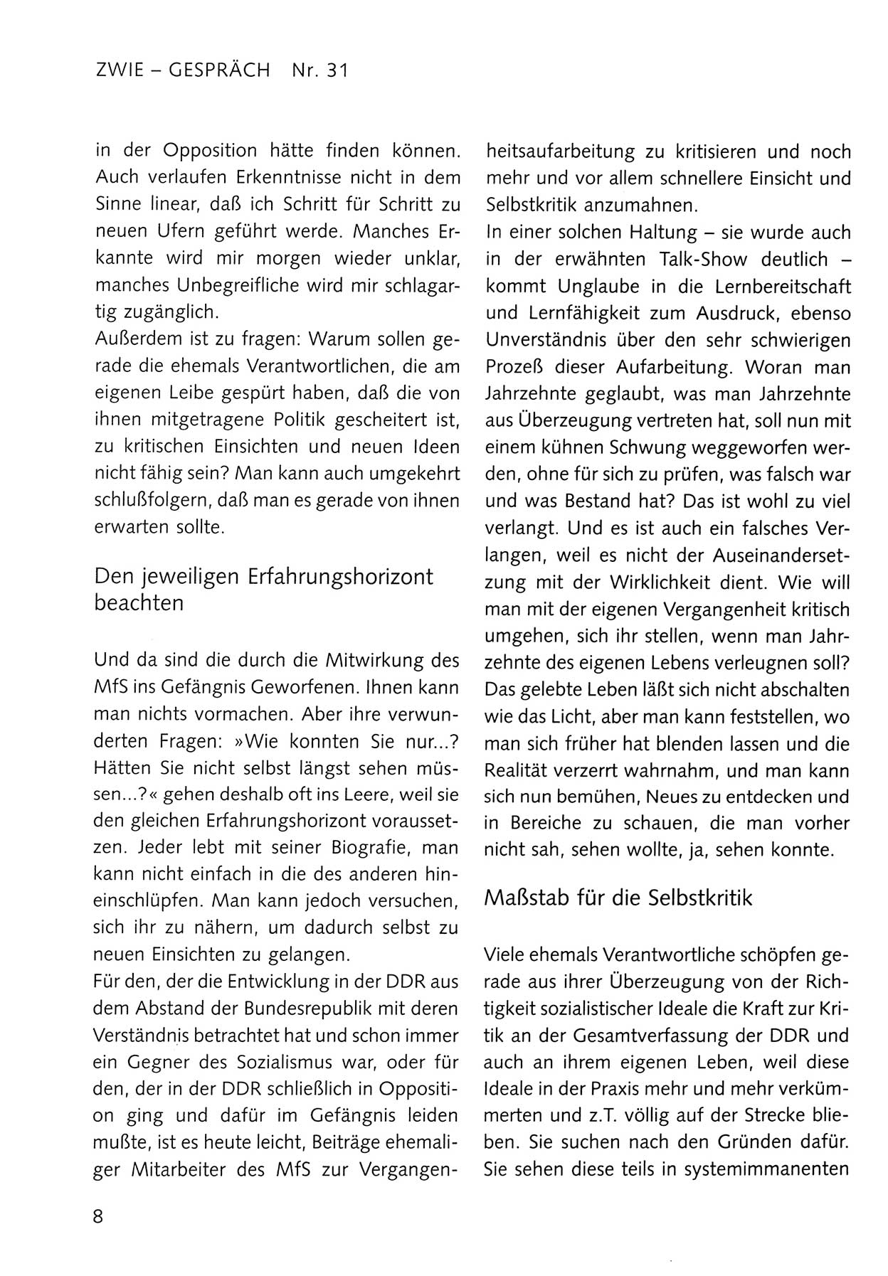 Zwie-Gespräch, Beiträge zum Umgang mit der Staatssicherheits-Vergangenheit [Deutsche Demokratische Republik (DDR)], Ausgabe Nr. 31, Berlin 1995, Seite 8 (Zwie-Gespr. Ausg. 31 1995, S. 8)