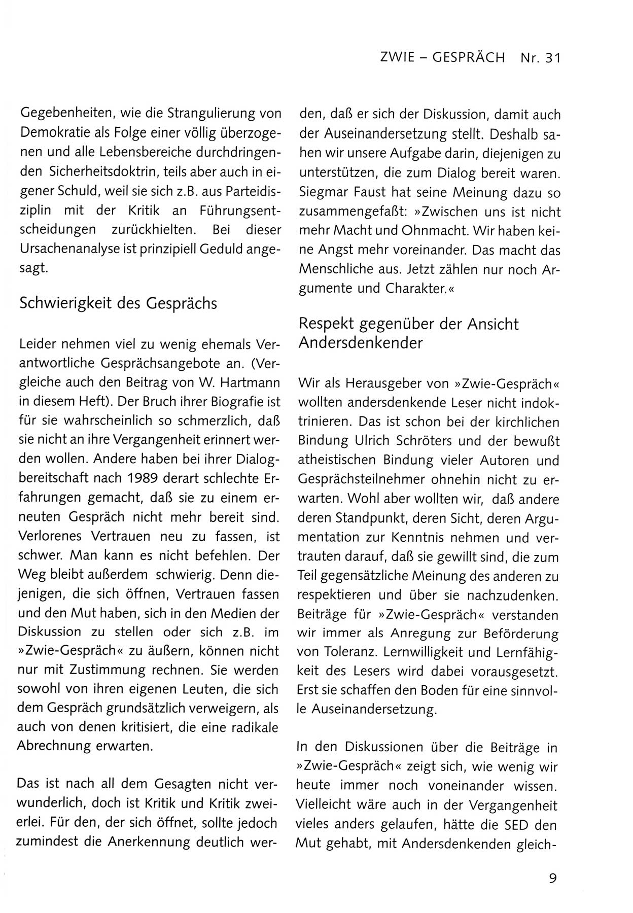 Zwie-Gespräch, Beiträge zum Umgang mit der Staatssicherheits-Vergangenheit [Deutsche Demokratische Republik (DDR)], Ausgabe Nr. 31, Berlin 1995, Seite 9 (Zwie-Gespr. Ausg. 31 1995, S. 9)