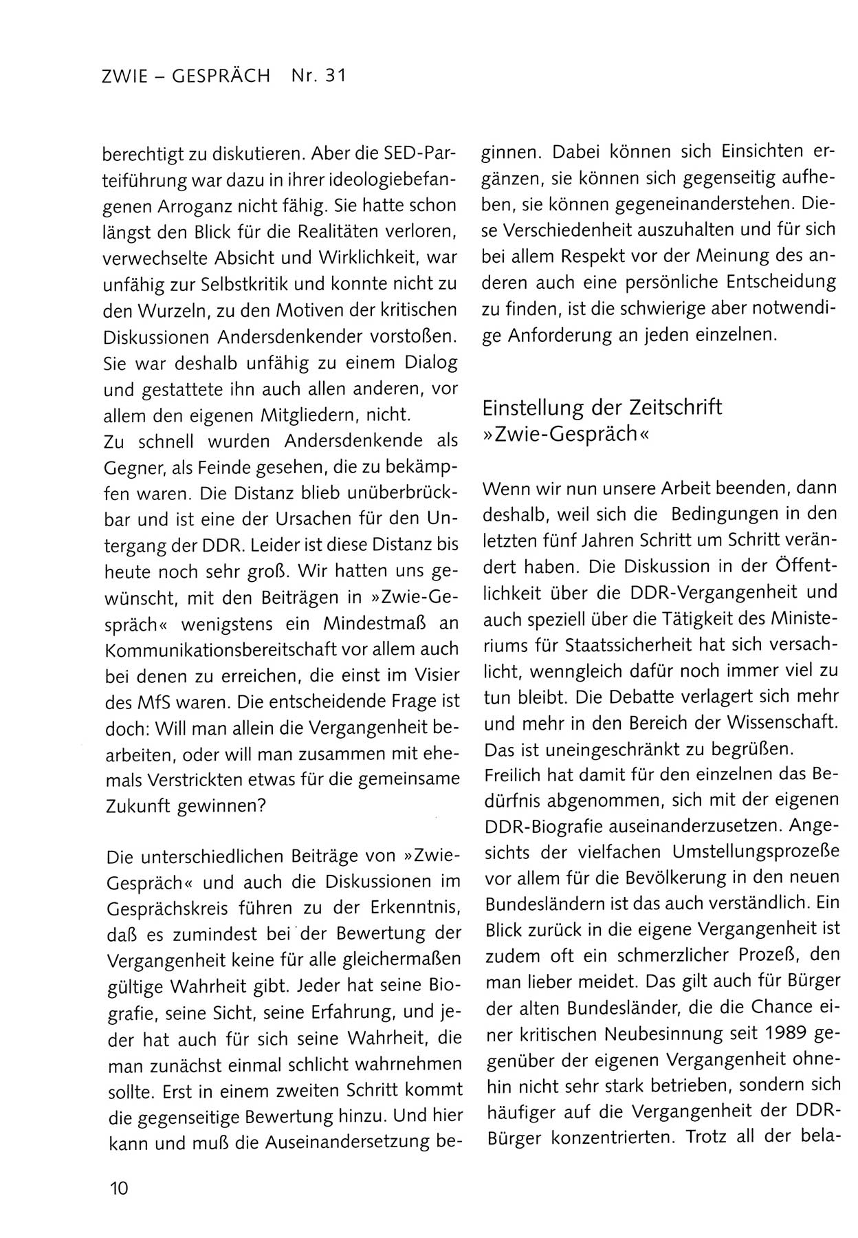 Zwie-Gespräch, Beiträge zum Umgang mit der Staatssicherheits-Vergangenheit [Deutsche Demokratische Republik (DDR)], Ausgabe Nr. 31, Berlin 1995, Seite 10 (Zwie-Gespr. Ausg. 31 1995, S. 10)