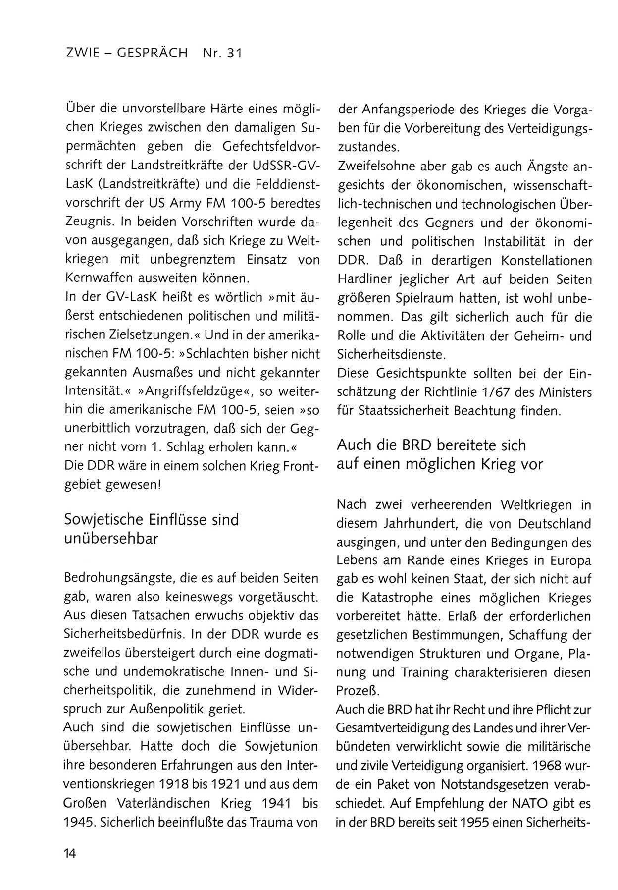 Zwie-Gespräch, Beiträge zum Umgang mit der Staatssicherheits-Vergangenheit [Deutsche Demokratische Republik (DDR)], Ausgabe Nr. 31, Berlin 1995, Seite 14 (Zwie-Gespr. Ausg. 31 1995, S. 14)