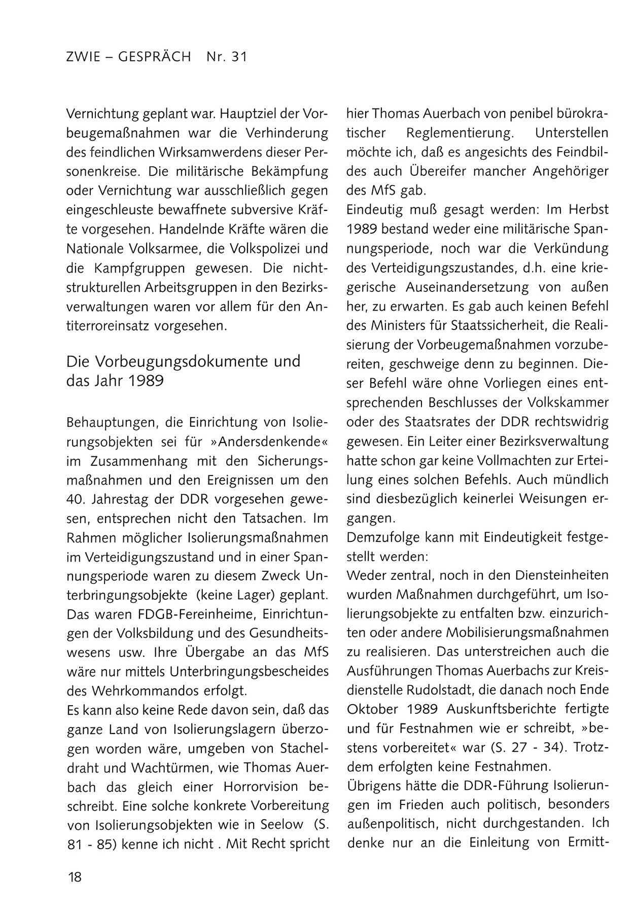 Zwie-Gespräch, Beiträge zum Umgang mit der Staatssicherheits-Vergangenheit [Deutsche Demokratische Republik (DDR)], Ausgabe Nr. 31, Berlin 1995, Seite 18 (Zwie-Gespr. Ausg. 31 1995, S. 18)