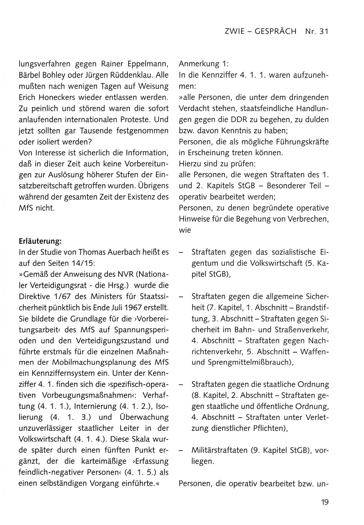 Zwie-Gespräch, Beiträge zum Umgang mit der Staatssicherheits-Vergangenheit [Deutsche Demokratische Republik (DDR)], Ausgabe Nr. 31, Berlin 1995, Seite 19 (Zwie-Gespr. Ausg. 31 1995, S. 19)