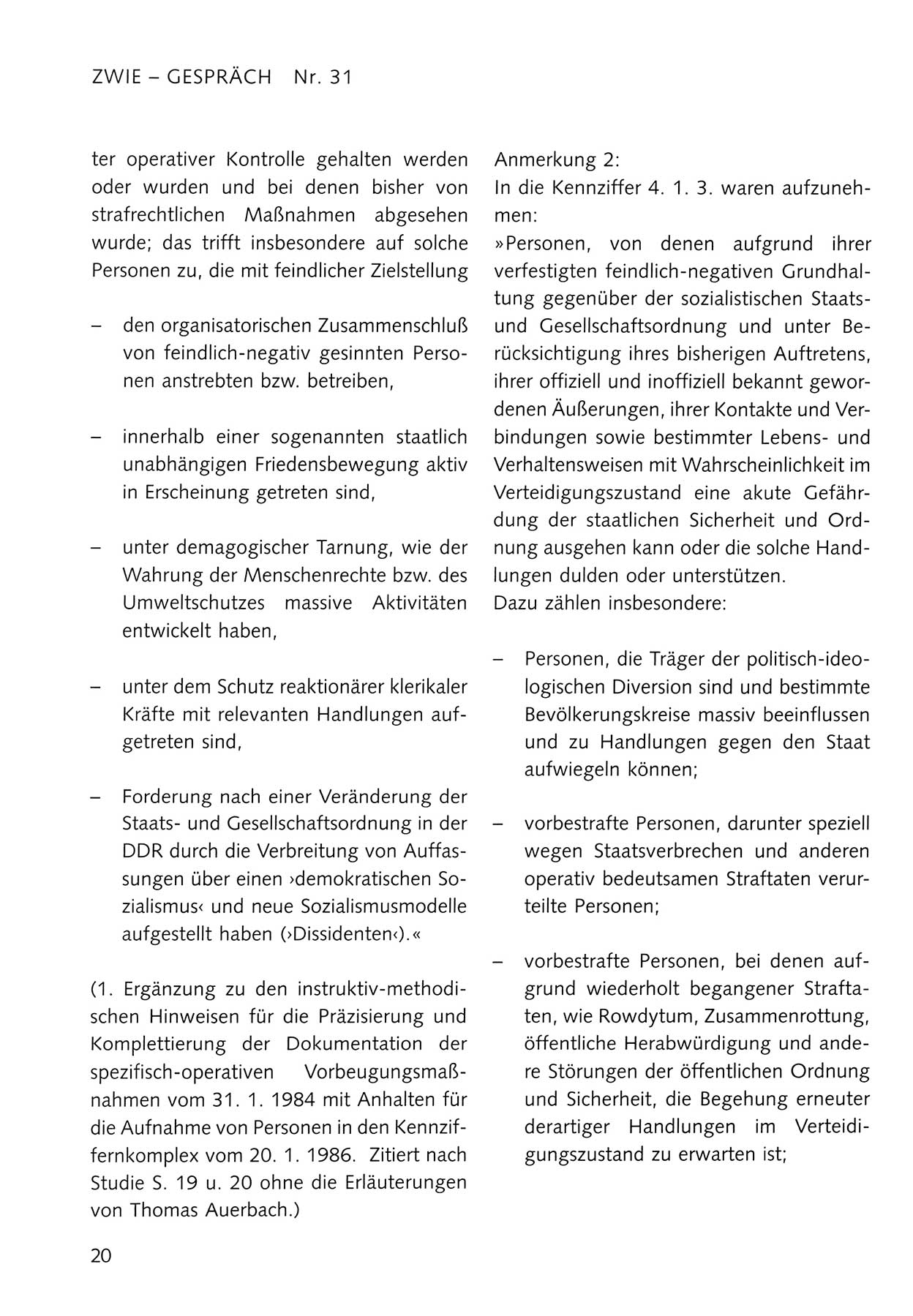 Zwie-Gespräch, Beiträge zum Umgang mit der Staatssicherheits-Vergangenheit [Deutsche Demokratische Republik (DDR)], Ausgabe Nr. 31, Berlin 1995, Seite 20 (Zwie-Gespr. Ausg. 31 1995, S. 20)