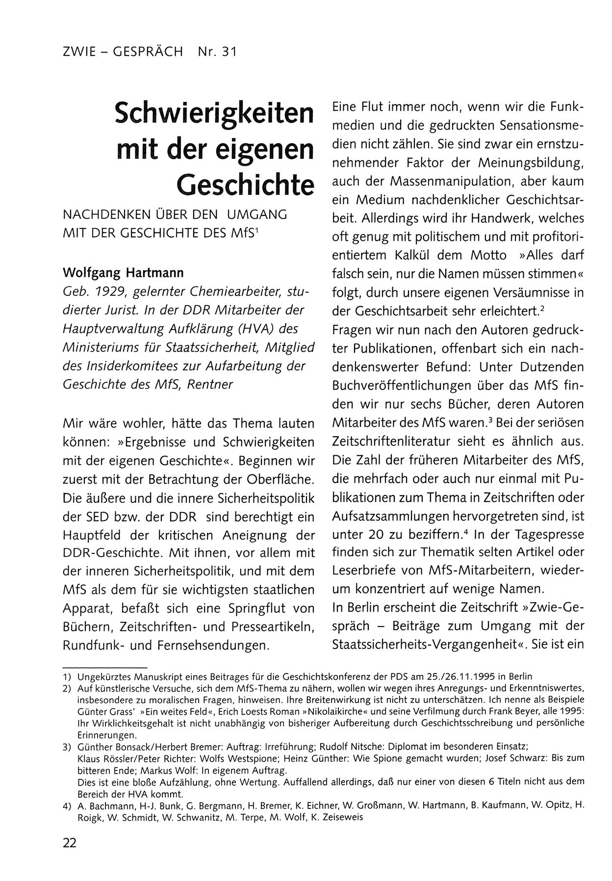 Zwie-Gespräch, Beiträge zum Umgang mit der Staatssicherheits-Vergangenheit [Deutsche Demokratische Republik (DDR)], Ausgabe Nr. 31, Berlin 1995, Seite 22 (Zwie-Gespr. Ausg. 31 1995, S. 22)