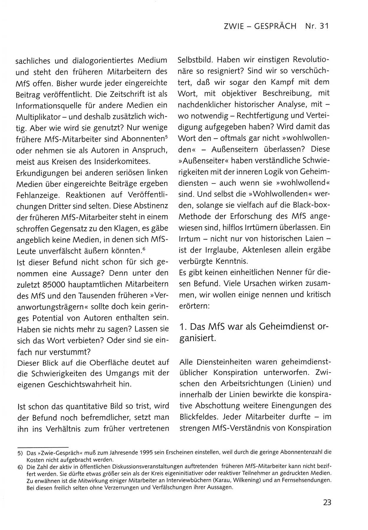 Zwie-Gespräch, Beiträge zum Umgang mit der Staatssicherheits-Vergangenheit [Deutsche Demokratische Republik (DDR)], Ausgabe Nr. 31, Berlin 1995, Seite 23 (Zwie-Gespr. Ausg. 31 1995, S. 23)