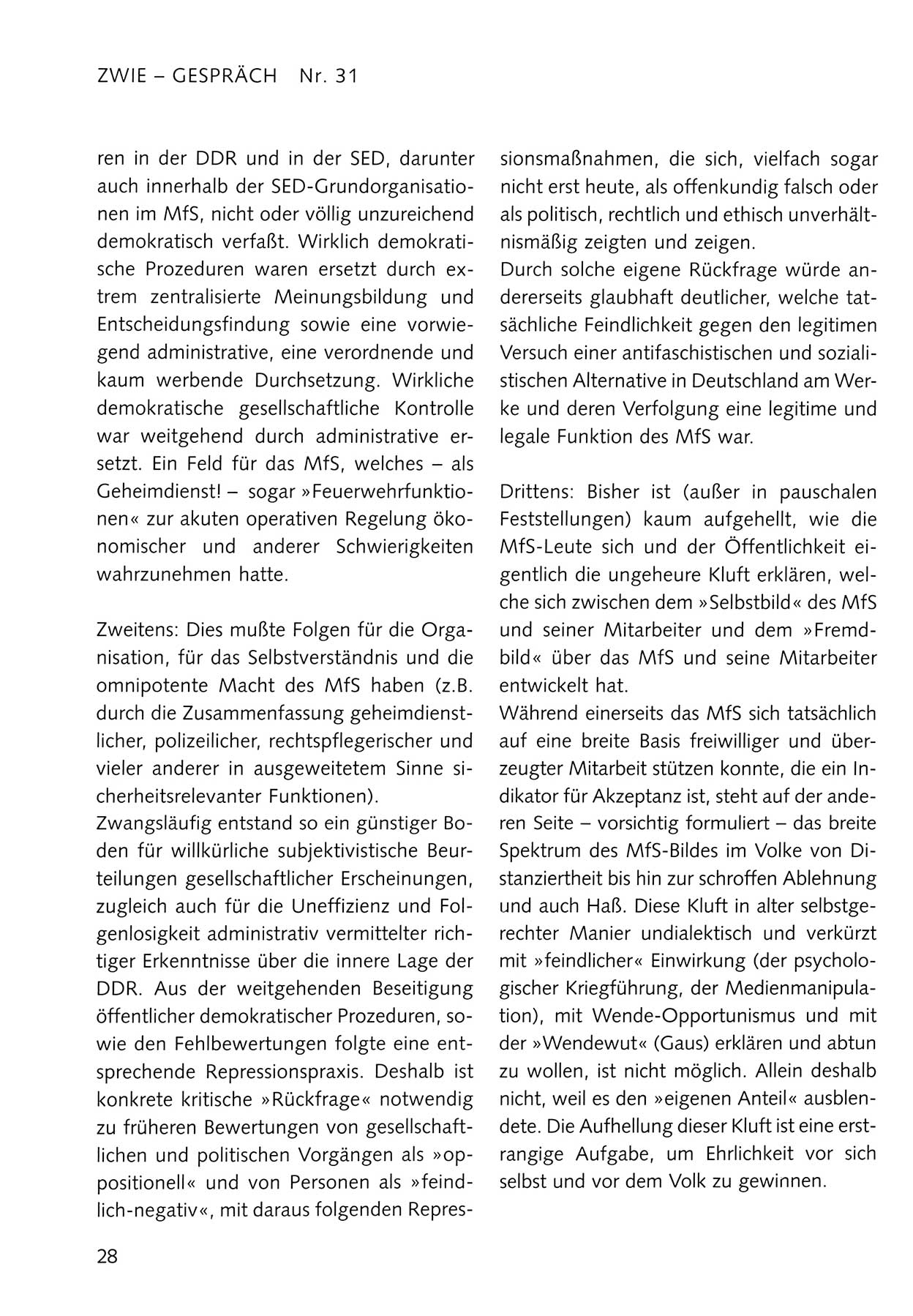 Zwie-Gespräch, Beiträge zum Umgang mit der Staatssicherheits-Vergangenheit [Deutsche Demokratische Republik (DDR)], Ausgabe Nr. 31, Berlin 1995, Seite 28 (Zwie-Gespr. Ausg. 31 1995, S. 28)