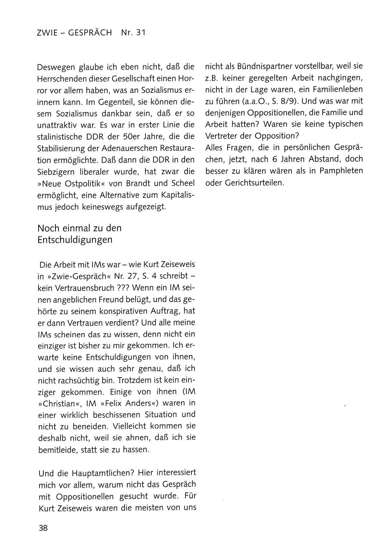 Zwie-Gespräch, Beiträge zum Umgang mit der Staatssicherheits-Vergangenheit [Deutsche Demokratische Republik (DDR)], Ausgabe Nr. 31, Berlin 1995, Seite 38 (Zwie-Gespr. Ausg. 31 1995, S. 38)