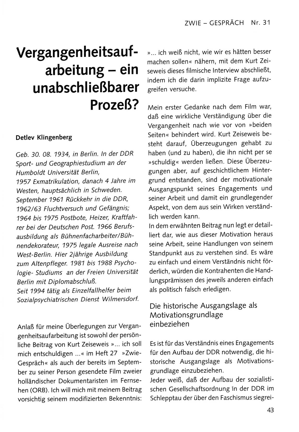 Zwie-Gespräch, Beiträge zum Umgang mit der Staatssicherheits-Vergangenheit [Deutsche Demokratische Republik (DDR)], Ausgabe Nr. 31, Berlin 1995, Seite 43 (Zwie-Gespr. Ausg. 31 1995, S. 43)