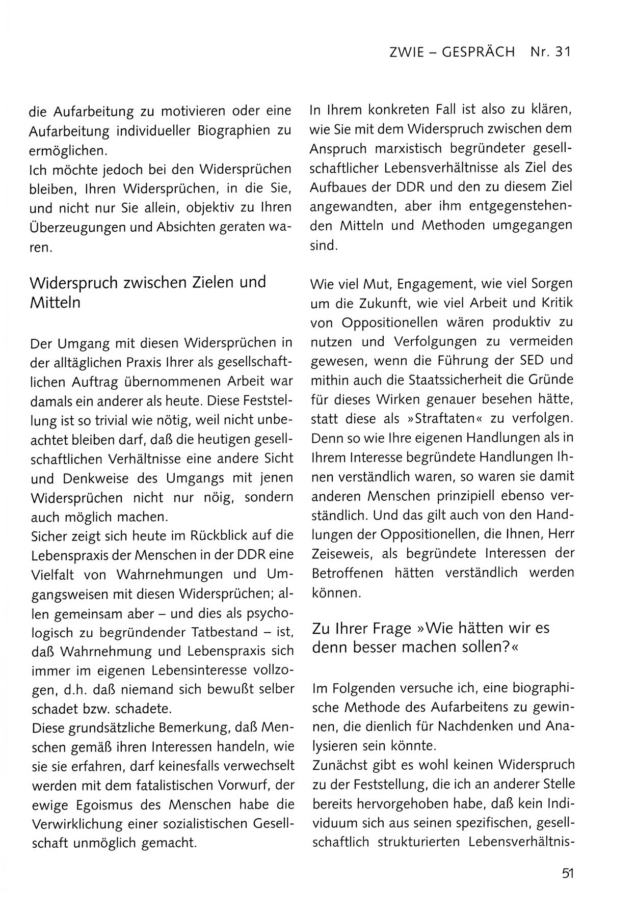 Zwie-Gespräch, Beiträge zum Umgang mit der Staatssicherheits-Vergangenheit [Deutsche Demokratische Republik (DDR)], Ausgabe Nr. 31, Berlin 1995, Seite 51 (Zwie-Gespr. Ausg. 31 1995, S. 51)