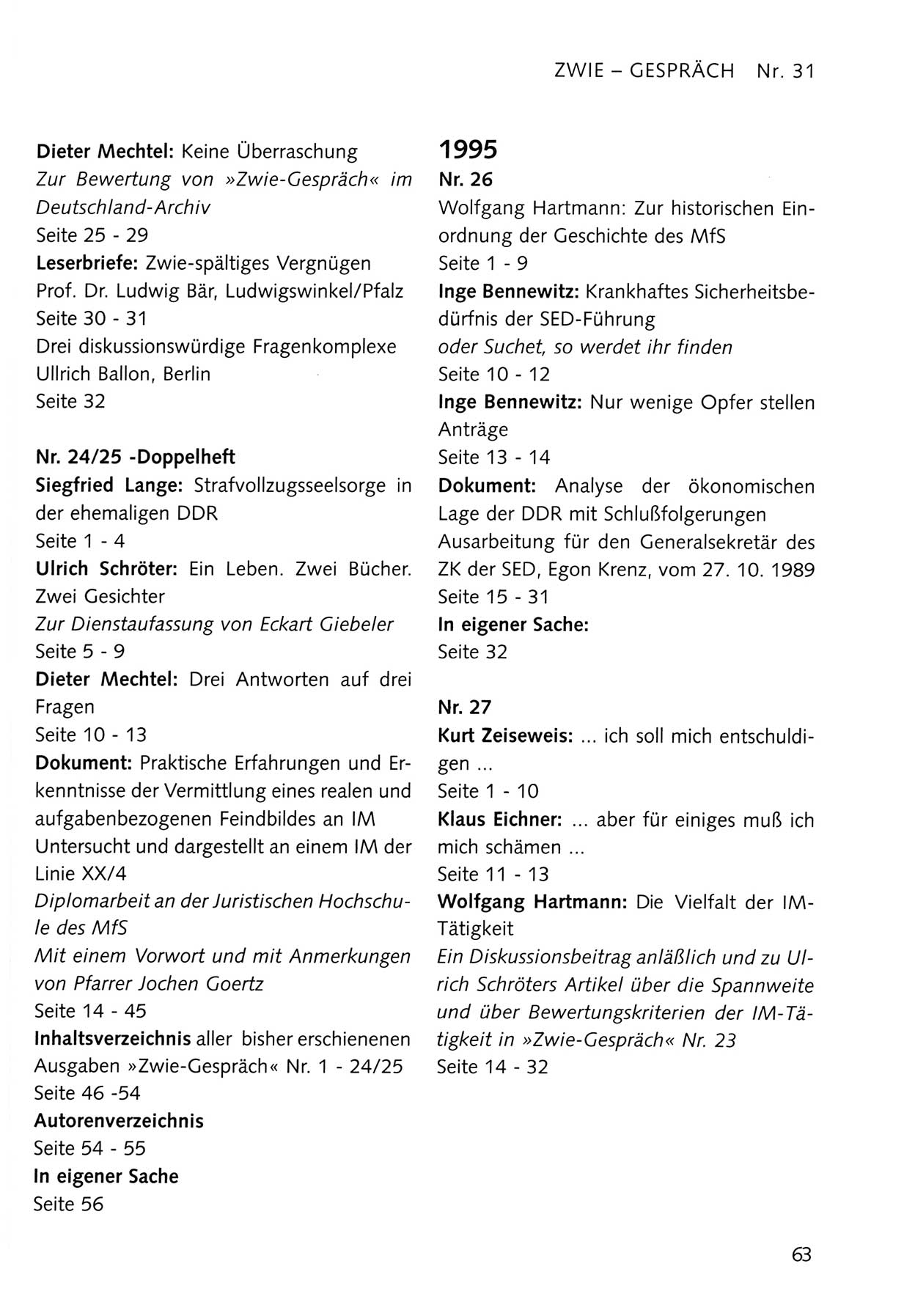 Zwie-Gespräch, Beiträge zum Umgang mit der Staatssicherheits-Vergangenheit [Deutsche Demokratische Republik (DDR)], Ausgabe Nr. 31, Berlin 1995, Seite 63 (Zwie-Gespr. Ausg. 31 1995, S. 63)