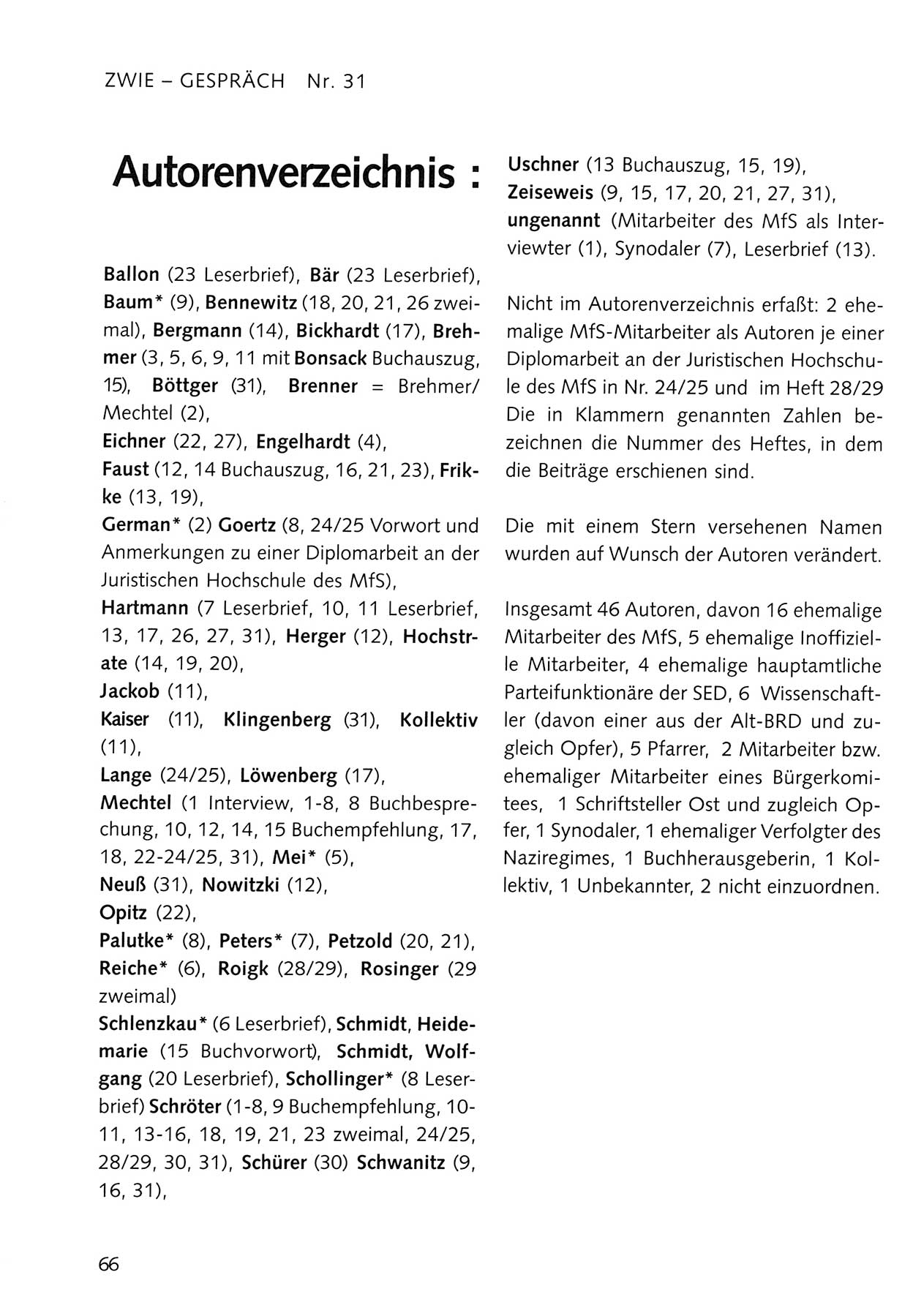 Zwie-Gespräch, Beiträge zum Umgang mit der Staatssicherheits-Vergangenheit [Deutsche Demokratische Republik (DDR)], Ausgabe Nr. 31, Berlin 1995, Seite 66 (Zwie-Gespr. Ausg. 31 1995, S. 66)